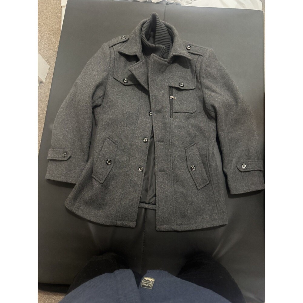 Mens Grey Wool Blend Coat Medium Bib Collar Car Coat Button Front Lined
